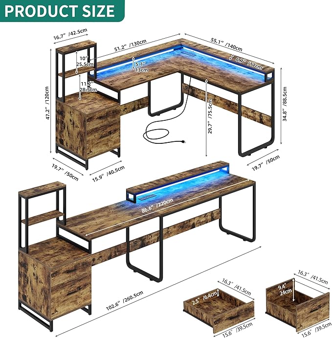 YITAHOME L Shaped Desk with Power Outlets & Hutch, Computer Desk with Drawers & LED Lights, Reversible Corner Office Desk with Printer Stand for Home Office, Rustic Brown - LeafyLoom