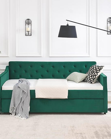 RITSU Twin Size Daybed with Casters, Modern Button Upholstered Velvet Sofa Bed w/Waved Shape Arms, No Box Spring Needed, for Bedroom, Livingroom, Green, 80.50 - LeafyLoom