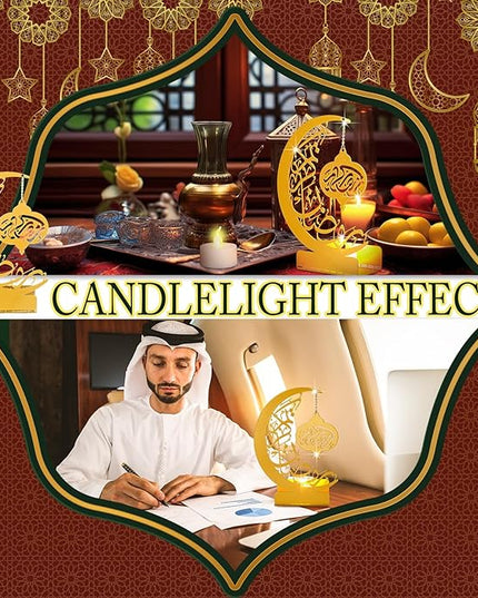 Eid Crafts Night Light 3D Metal Ramadan Eid Mubarak Ornaments Ramadan Decorations Ramadan Table Decor Ramadan Mubarak Light with 2 LED Candles for Home Eid Party Supplies (Classic) - LeafyLoom