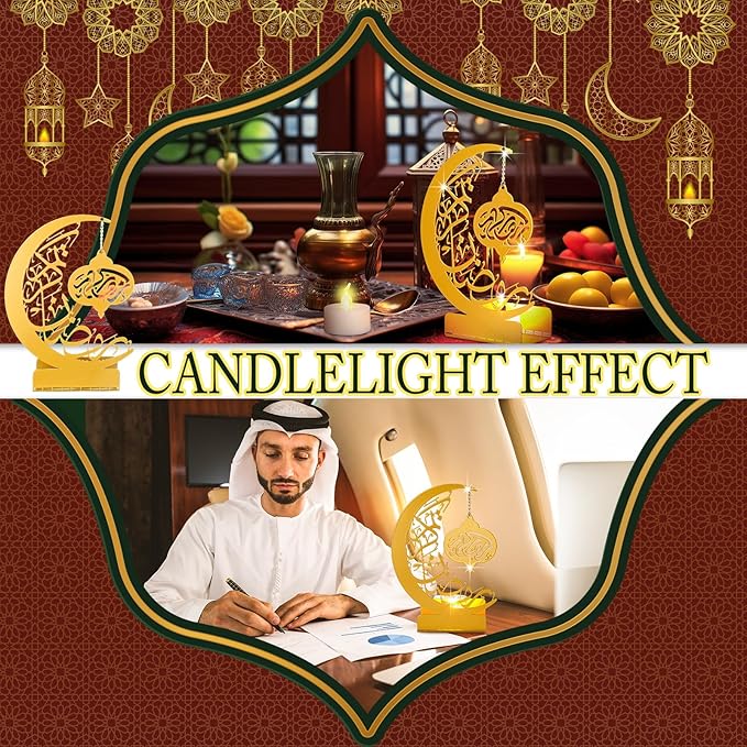 Eid Crafts Night Light 3D Metal Ramadan Eid Mubarak Ornaments Ramadan Decorations Ramadan Table Decor Ramadan Mubarak Light with 2 LED Candles for Home Eid Party Supplies (Classic) - LeafyLoom