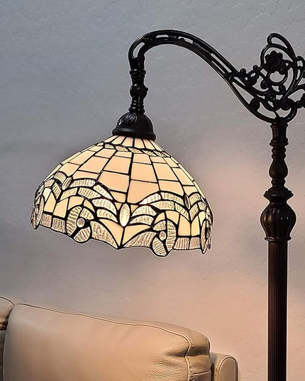 Amora Tiffany Floor Lamp - Arched, Stained Glass 62” - Traditional White Mahogany with Foot Switch Operation and Adjustable Lamp Shade - Custom Handcrafted Floor Lamps for Living Room - LeafyLoom