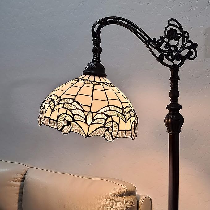 Amora Tiffany Floor Lamp - Arched, Stained Glass 62” - Traditional White Mahogany with Foot Switch Operation and Adjustable Lamp Shade - Custom Handcrafted Floor Lamps for Living Room - LeafyLoom
