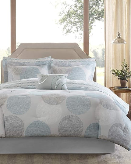 Madison Park Essentials Bed in a Bag Comforter, Vibrant Color Design All Season Down Alternative Cover with Complete Cotton Sheet Set, King(104"x92"), Knowles, Circular Aqua, 9 Piece - LeafyLoom