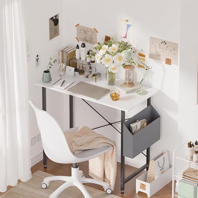 Pamray 32 Inch Computer Desk for Small Spaces with Storage Bag, Home Office Work Desk with Headphone Hook, Small Office Desk Study Writing Table - LeafyLoom