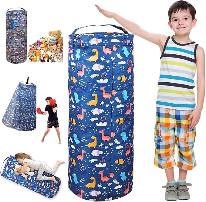 Dinosaur Stuffed Animal Storage Bean Bag Cover for Kids - Organize, Sit, Play & Box Help Promote Comfort and Relaxation - Perfect Playroom & Bedroom Plush Toys Beanbag, Cylinder, Best Gift for Kids - LeafyLoom