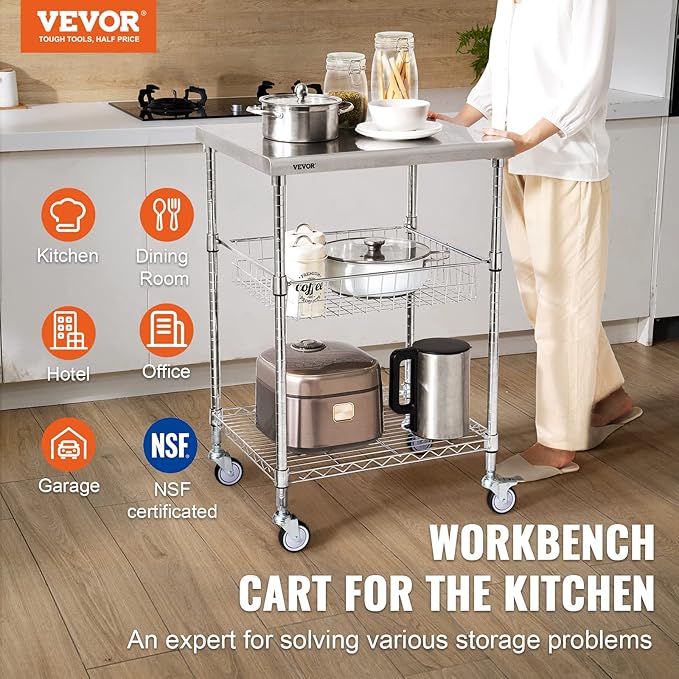 VEVOR Kitchen Utility Cart, 36.6"x20"x24" 3 Tiers Wire Rolling Cart, 470LBS Capacity Steel Service Cart with Brake Wheels, Storage Trolley with 76mm Basket PP Liner 6 Hooks, for Indoor & Outdoor Use - LeafyLoom