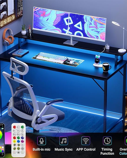 47 inch Computer Desk with Power Outlets, Gaming Desk with LED Lights, Home Office Work Desk with Monitor Shelf, Modern Office Desk Study Writing Table for Small Spaces, Black - LeafyLoom