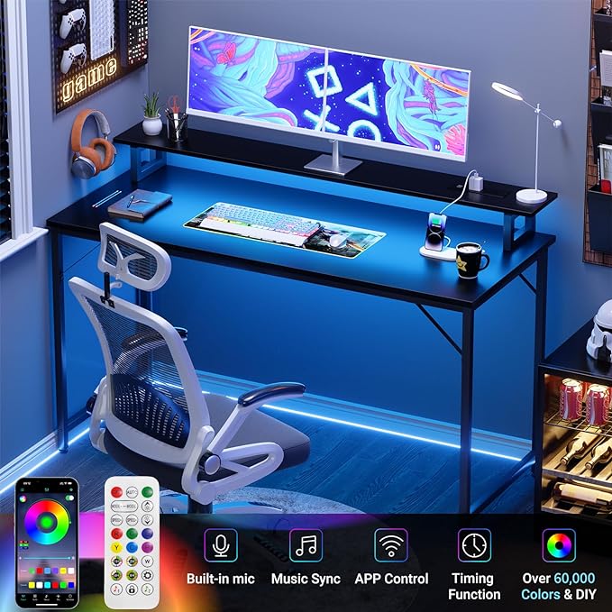 47 inch Computer Desk with Power Outlets, Gaming Desk with LED Lights, Home Office Work Desk with Monitor Shelf, Modern Office Desk Study Writing Table for Small Spaces, Black - LeafyLoom