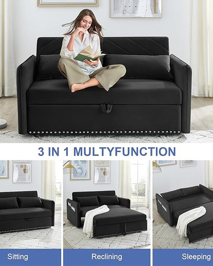 New Model 3-in-1 Sleeper USB Port Adjustable Velvet Convertible Sofa with Pull Out Bed, 2 Pillows & Side Pocket – Ideal for Living Room and Bedroom, Black - LeafyLoom