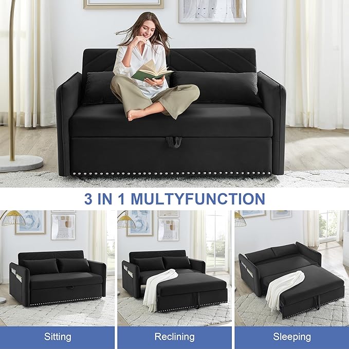 New Model 3-in-1 Sleeper USB Port Adjustable Velvet Convertible Sofa with Pull Out Bed, 2 Pillows & Side Pocket – Ideal for Living Room and Bedroom, Black - LeafyLoom