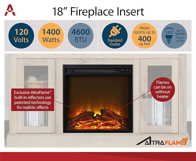 Ameriwood Home Carson Fireplace TV Stand for TVs up to 70 Inch, Replaceable Electric Fireplace Insert Heater, Realistic Log and Flame Effect, For Living Room or Bedroom, Black - LeafyLoom