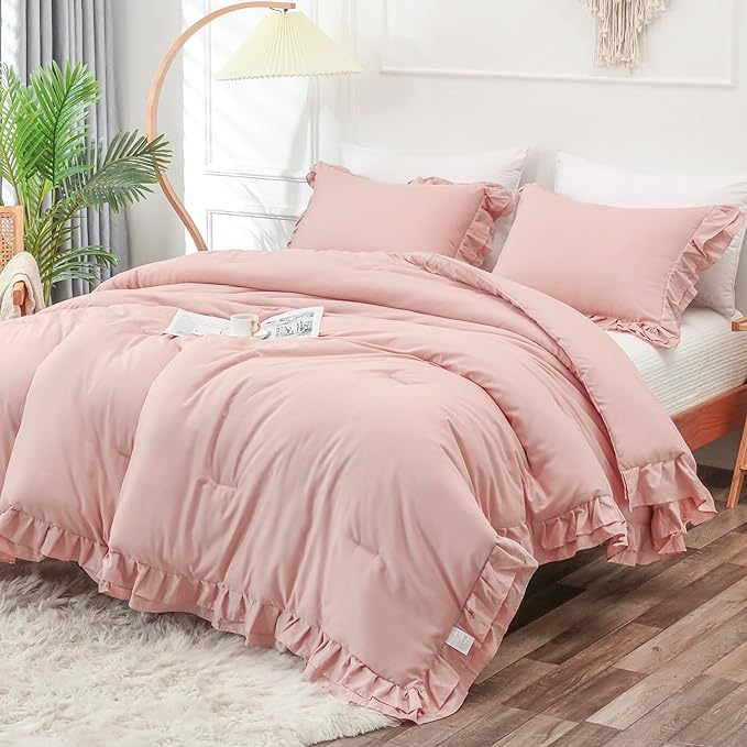 Blush Pink Double Ruffle Comforter Set King Size (104x90 Inch), 3 Pcs Farmhouse Vintage Comforter Set (1 Ruffled Comforter and 2 Pillowcase), Rustic All Season Down Alternative Bedding Set - LeafyLoom