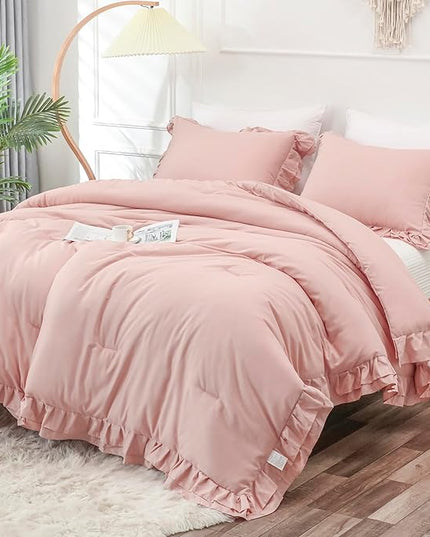 Blush Pink Double Ruffle Comforter Set Queen Size (90x90 Inch), 3 Pcs Farmhouse Vintage Comforter Set (1 Ruffled Comforter and 2 Pillowcase), Rustic All Season Down Alternative Bedding Set - LeafyLoom