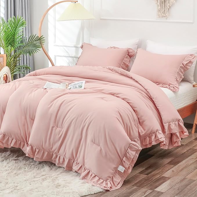 Blush Pink Double Ruffle Comforter Set Queen Size (90x90 Inch), 3 Pcs Farmhouse Vintage Comforter Set (1 Ruffled Comforter and 2 Pillowcase), Rustic All Season Down Alternative Bedding Set - LeafyLoom