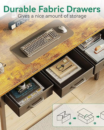 AODK 40 Inch Small Computer Desk with 3 Fabric Drawers, Office Desk with USB/Type-C Charging Ports & Power Outlets, Vanity Desk with Iron Hook for Bedroom, Study/Writing/Work Table for Bedroom,Vintage - LeafyLoom