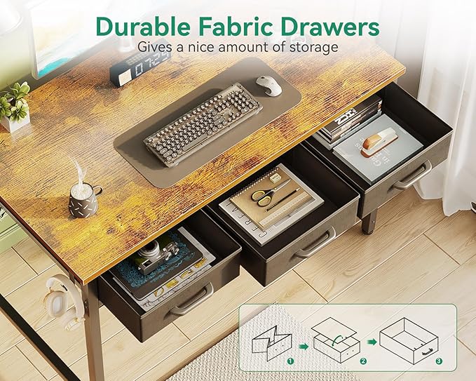 AODK 40 Inch Small Computer Desk with 3 Fabric Drawers, Office Desk with USB/Type-C Charging Ports & Power Outlets, Vanity Desk with Iron Hook for Bedroom, Study/Writing/Work Table for Bedroom,Vintage - LeafyLoom