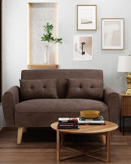 Shintenchi 47" Loveseat Wood Sofa, Brown, Easy Assembly, Comfortable Cushions - LeafyLoom