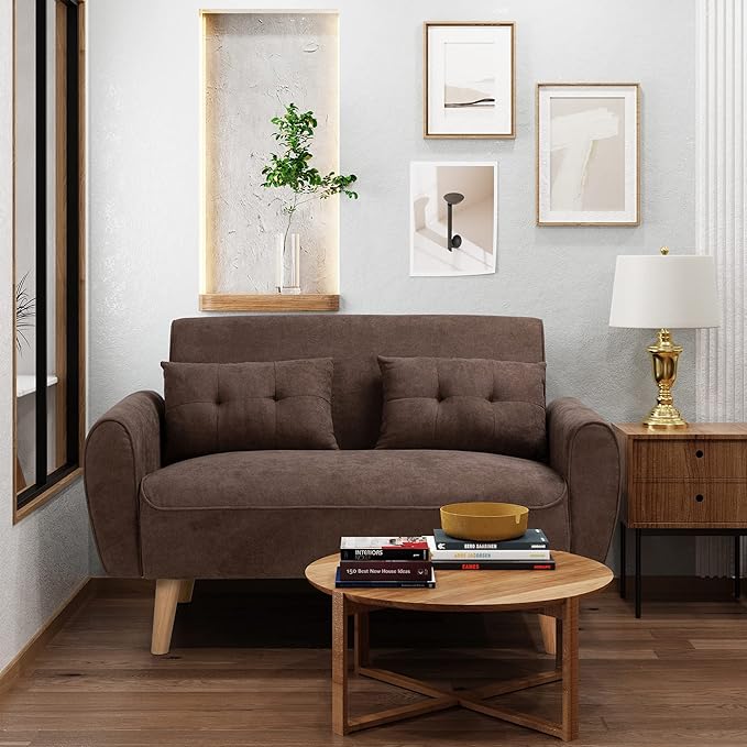 Shintenchi 47" Loveseat Wood Sofa, Brown, Easy Assembly, Comfortable Cushions - LeafyLoom
