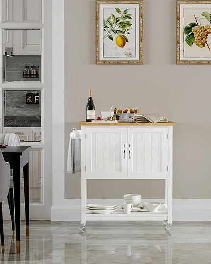 Spirich Home Kitchen Island on Wheels, Rolling Cart with Storage Cabinet, Small Kitchen Island with Drop Leaf and Towel Rack for Dining Room, White - LeafyLoom