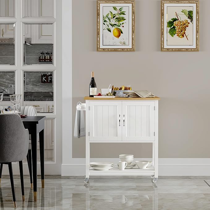 Spirich Home Kitchen Island on Wheels, Rolling Cart with Storage Cabinet, Small Kitchen Island with Drop Leaf and Towel Rack for Dining Room, White - LeafyLoom