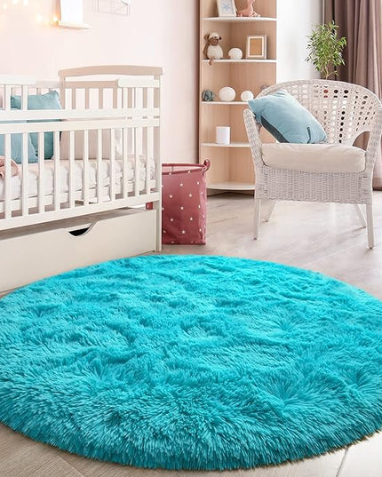 Blue Round Rug for Bedroom, Super Fluffy Circle Rugs for Baby Nursery, 4'X4' Feet Furry Carpet for Children Kids Room, Cute Soft Shaggy Rug for Girls Home Decor, Fuzzy Plush Carpets for Dorm - LeafyLoom