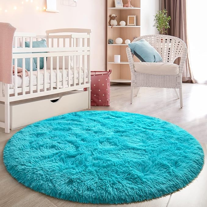Blue Round Rug for Bedroom, Super Fluffy Circle Rugs for Baby Nursery, 5'X5' Feet Furry Carpet for Children Kids Room, Cute Soft Shaggy Rug for Girls Home Decor, Fuzzy Plush Carpets for Dorm - LeafyLoom
