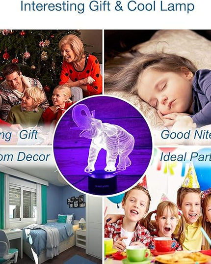 Elephant 3D Night Light for Boys Girls Room, Bedside Lamp Toys Decor Gifts for Kids Baby, 7 Colors Changing Nightlight with Smart Control - LeafyLoom