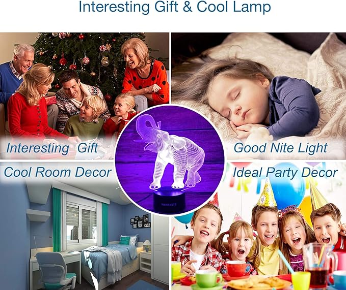 Elephant 3D Night Light for Boys Girls Room, Bedside Lamp Toys Decor Gifts for Kids Baby, 7 Colors Changing Nightlight with Smart Control - LeafyLoom