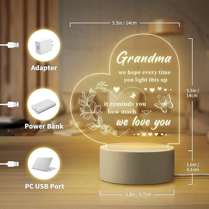 Gifts for Grandma, Grandma Gifts - Engraved Night Light, Grandma Birthday Gifts, Thanksgiving Christmas Mothers Day Gifts for Grandma, Nana, Grammy, Grandmother - LeafyLoom
