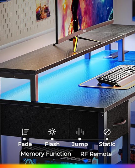 SUPERJARE 47 inch Reversible L Shaped Desk with LED Lights & Power Outlets, Computer Desk with Shelves & Monitor Stand, Gaming Desk with Drawer, Home Office Desk Corner Desk, Grey - LeafyLoom