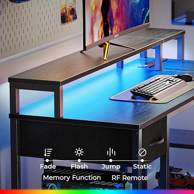 SUPERJARE 47 inch Reversible L Shaped Desk with LED Lights & Power Outlets, Computer Desk with Shelves & Monitor Stand, Gaming Desk with Drawer, Home Office Desk Corner Desk, Grey - LeafyLoom