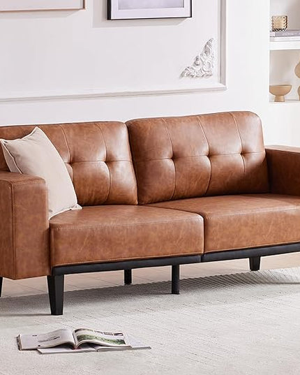 79” Leather Sofa Couches for Living Room, Oversized Loveseat Sofa, 3 Seat Mid Century Modern Couch, Brown Faux Leather Couch Sofa, Love Seat with Solid Wood Leg, Bedroom Couch, Cognac Tan - LeafyLoom