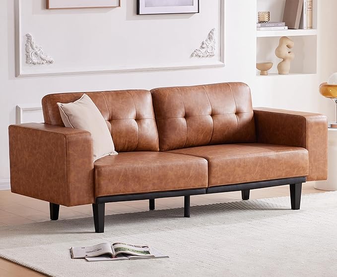 79” Leather Sofa Couches for Living Room, Oversized Loveseat Sofa, 3 Seat Mid Century Modern Couch, Brown Faux Leather Couch Sofa, Love Seat with Solid Wood Leg, Bedroom Couch, Cognac Tan - LeafyLoom