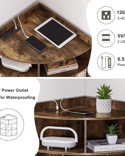 Vecelo Corner Cabinet with Charging Station, 3-Tier Cube Storage Organizer with USB Ports and Outlets, Triangle Bookcases with 8 Cubbies for Playroom, Bedroom, Living Room, Brown - LeafyLoom
