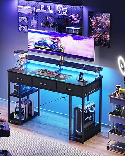AODK 48 inch Computer Desk with 3 Drawers, Gaming Desk with LED Lights & Power Outlets, Home Office Desk with Storage Shelves & Monitor Stand, Modern Work Study Writing Table for Small Spaces, Black - LeafyLoom