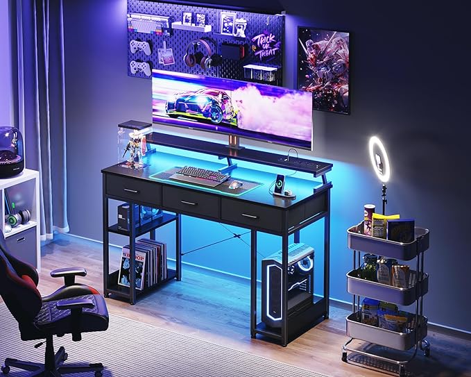 AODK 48 inch Computer Desk with 3 Drawers, Gaming Desk with LED Lights & Power Outlets, Home Office Desk with Storage Shelves & Monitor Stand, Modern Work Study Writing Table for Small Spaces, Black - LeafyLoom