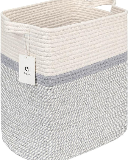 Medium and Large Woven Basket/With Handle, Baskets Laundry Hamper Wicker Tall Cotton Toy Storage Basket,Decorative Basket for Living room,Basket for Toys, 2bag - LeafyLoom