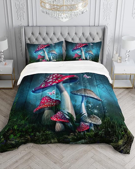 Red Mushroom Kawaii Comforter Set Twin Size Kids Mushroom Butterfly Bedding Set Botanical Plant Theme Print Quilt Bed Set for Boys Girls Adults with 1 Comforter and 2 Pillowcases - LeafyLoom