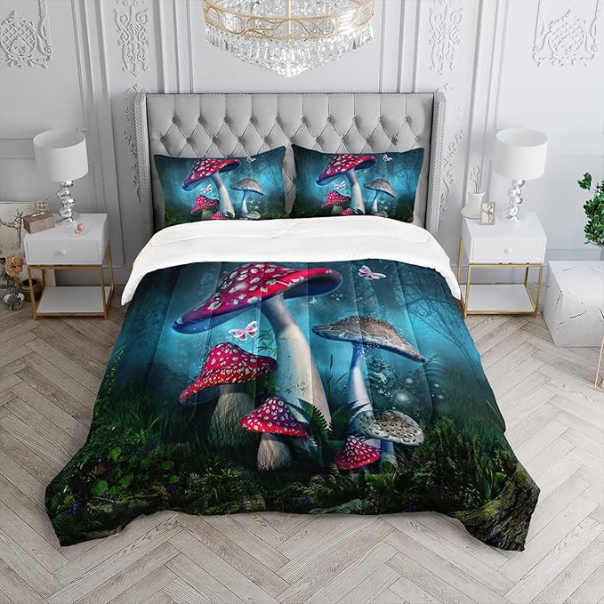 Red Mushroom Kawaii Comforter Set Queen Size Kids Mushroom Butterfly Bedding Set Botanical Plant Theme Print Quilt Bed Set for Boys Girls Adults with 1 Comforter and 2 Pillowcases - LeafyLoom