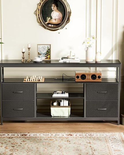 TV Stand Dresser with Power Outlets and LED Lights, 4 Drawers Entertainment Center with Shelf, 54 Inch Media Console for 55 60 Inch TV, 4 AC Outlets, 2 USBs, Dresser with PU Finish, Black - LeafyLoom