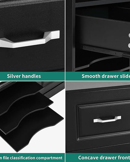 YITAHOME 3 Drawer File Cabinet, Filing Cabinet with Charging Station, Printer Stand with Open Storage Shelves, Fits for A4, Letter, Legal Size Files, Black - LeafyLoom