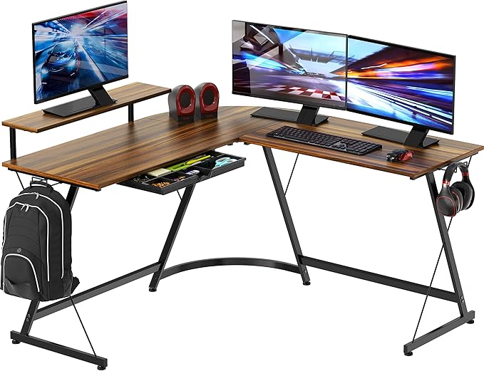 SHW Vista L-Shape Desk with Monitor Stand, Walnut - LeafyLoom