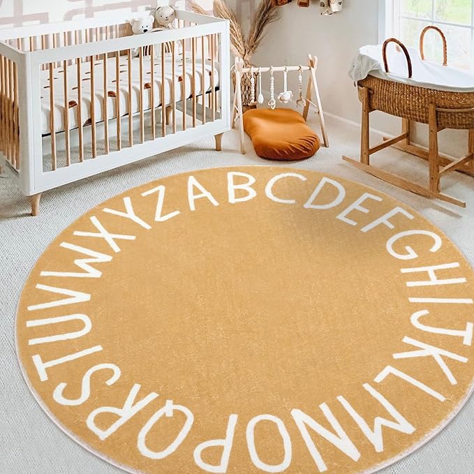 Topotdor Round Kids Play Rug Alphabet Nursery Area Rug Extra Large Soft Crawling Play Mat for Children Toddlers Bedroom (47 inch, Brown) - LeafyLoom