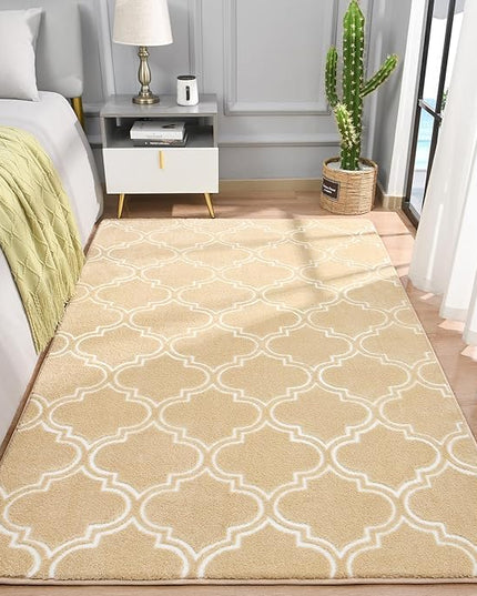Chicrug Shag Geometric Modern Area Rug for Living Room, 3x5 Feet Large Memory Foam Indoor Carpet, Fluffy Rug for Bedroom Bedside Room Decor for Family Girls Kids Nursery, Beige/White - LeafyLoom