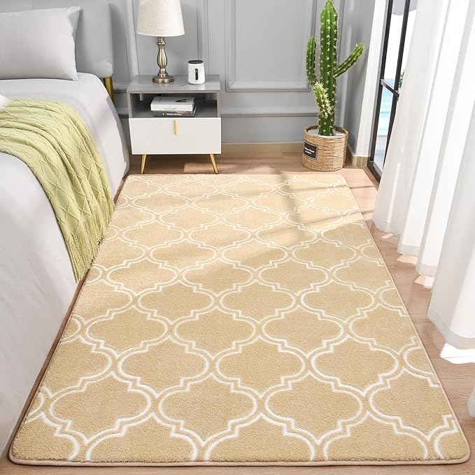 Chicrug Shag Geometric Modern Area Rug for Living Room, 3x5 Feet Large Memory Foam Indoor Carpet, Fluffy Rug for Bedroom Bedside Room Decor for Family Girls Kids Nursery, Beige/White - LeafyLoom