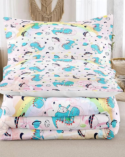 NINENINE Pink Dinosaur Comforter Set Colorful Rainbow Castle UFO Space Theme Bedding, Twin Comforter Sets for Boys Girls Kawaii Bedding Set with 1 Comforter 1 Pillowcase - LeafyLoom