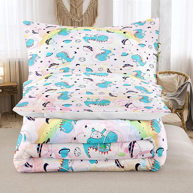NINENINE Pink Dinosaur Comforter Set Colorful Rainbow Castle UFO Space Theme Bedding, Twin Comforter Sets for Boys Girls Kawaii Bedding Set with 1 Comforter 1 Pillowcase - LeafyLoom