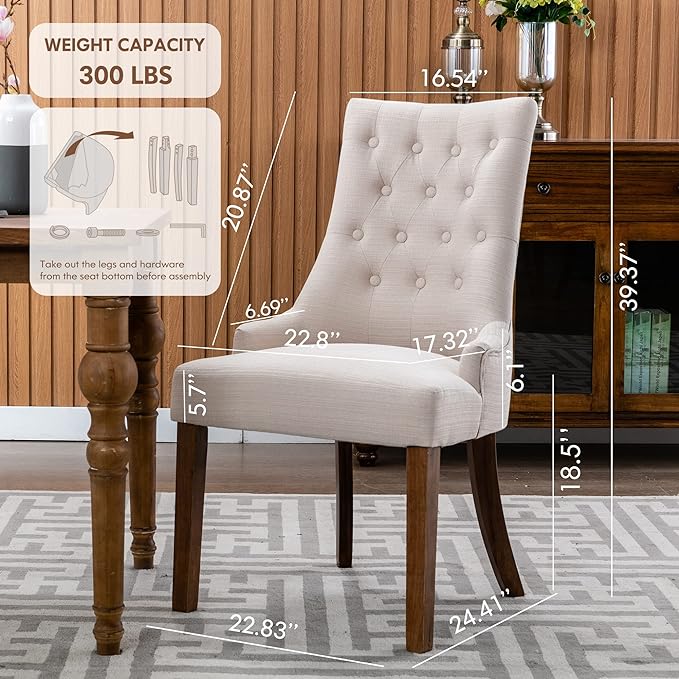 COLAMY Wingback Upholstered Dining Chairs Set of 2, Fabric Side Dining Room Chairs with Tufted Button, Living Room Chairs for Home Kitchen- Beige - LeafyLoom