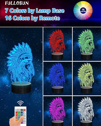 Native American Gifts, 3D Figure Night light Illusion Lamp for Home Decor and Room Decorations, Creative Birthday Xmas Holiday Gifts with 16 Colors Changing & Remote Control & Dimmable Function - LeafyLoom