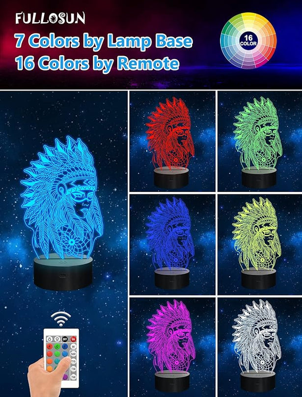Native American Gifts, 3D Figure Night light Illusion Lamp for Home Decor and Room Decorations, Creative Birthday Xmas Holiday Gifts with 16 Colors Changing & Remote Control & Dimmable Function - LeafyLoom